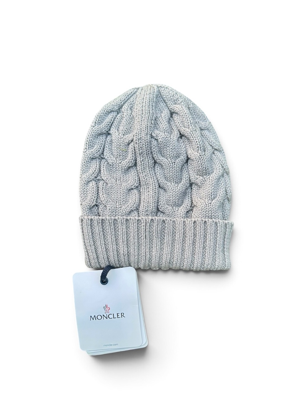 Moncler Beanie Kids Cable Knit Wool Gray embroidered logo patch Size Large NWT
